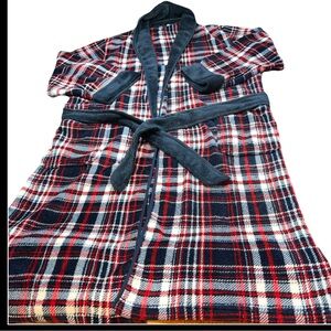RED BLUE WHITE PLAID FLEECE ROBE  Front Pockets TIE Belt Pockets Mens 2XL Unisex